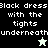 Black dress with the tights underneath text in white pixelated font on split background, two star icons change color and position.
