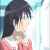 Pixelated anime-style character with long dark hair covering one eye, wearing pink and white clothing against a blue background.
