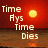 Pixelated image with red-orange gradient background showing a yellow sun, brown ground, and white text reading 'Time Ays Time Dies' in blocky font.