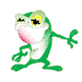 A 4x4 contact sheet of 15 animated frames showing a green cartoon frog with yellow eyes and pink mouth in various poses against white background.