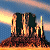 A 2x2 contact sheet of a pixelated animated icon featuring a desert rock formation at sunset with text elements, displayed on a gray background.