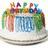 Pixelated birthday cake with colorful 'HAPPY' letters on top, blue icing, and green decorations, next to pink text celebrating Erica's 14th birthday.