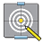Pixelated icon shows a target with concentric white rings on gray background, yellow center, and yellow-and-black striped pointer. Two light blue rectangular elements frame the top and bottom.