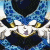 Blue and white patterned icon with dark heart shapes and yellow accents, featuring mirrored symmetry and pixelated texture.