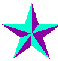 Nine cyan and purple star-shaped icons arranged in a on gray background, each with alternating color segments