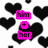 Animated icon with black heart patterns on white background, pink text overlays reading 'him', 'to', 'her', and 'summer love', and a flower, eye, and blurred figure in separate