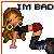 Pixel art contact sheet of six animated frames showing a cartoon woman in a bent-over pose with text "IM BAD" above her, each frame displaying slight variations in the character's expression and the text color.