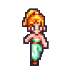 Pixel art character with orange hair in various poses including standing, turning, jumping, and crouching against gray background.
