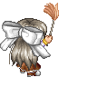 Pixelated character with large white bow, brown pants, and brown shoes holding a brown feather duster, shown in four sequential poses against gray background.
