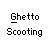 Pixelated animation of a figure with an afro riding a scooter, alternating between red and blue clothing across frames.