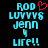 Pixelated cyan text on black background with red heart symbol above 'ROD' in left , identical text in right without heart