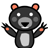 Pixelated black bear with orange inner ears and paw pads, white eyes, gray snout, and outstretched arms against a plain background.