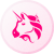 Pixelated pink unicorn head with single horn, closed eyes, and flowing mane on white circular background.