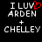 Static pixel art displays 'I LUV ARDEN + CHELLEY' text with a red heart replacing 'U' in 'LOVE' on the left side, all on black background.