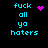 Pixelated cyan text 'fuck all yo haters' on black background with animated pink pixel clusters changing shape.