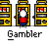 Animated contact sheet of 15 frames showing a yellow slot machine icon with a red stick figure gambler, displaying various winning combinations including sevens and fruit symbols.