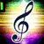 A pixelated image with a musical theme featuring treble clefs and green text on a multicolored gradient background.