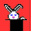 Pixelated bunny head with checkered ears and blue eyes emerging from a black top hat against red background.