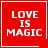 Red square icon with white text 'LOVE IS MAGIC' and white border; top-right corner has a white heart symbol, bottom-right corner has a white starburst symbol.