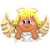 A 4-frame pixel art contact sheet of a cartoon angel with blonde hair, blue eyes, and large wings in various poses on a white background.