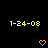 Yellow text '1-24-08' appears above orange pixelated hearts on a black background, with a gray rectangle in the bottom-right corner.