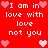 Red background with white pixelated text repeating "I am in love with love not you" and pink heart symbols scattered throughout.
