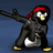 Pixelated penguin with red headband, yellow beak, and white belly stands against blue background with outstretched arm.