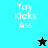 Pixelated text 'Tay Kicks Ass' appears on cyan, teal, and black backgrounds with a star symbol changing from black to light blue.