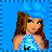 Pixel art contact sheet showing four frames of an animated icon featuring a cartoon woman in blue attire with water effects and text reading "Beautiful in blue".