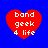 Four red heart-shaped icons with white text "band geek 4 life" on a solid blue background, arranged in a two-by-two