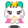 Pixel art character with white face, pink cheeks, teal bows, and yellow crown; two versions show different mouth positions.