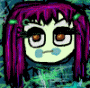 Pixelated character with purple hair and blue cheeks displays multiple facial expressions across a of nine