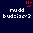 Red pixelated heart symbol above white text 'mudd buddies<3' on dark blue background, with identical text repeated side-by-side.