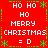 Red background with green dashed border, white text 'HO HO', 'MERRY CHRISTMAS', and '=D' arranged in a pattern with star symbols