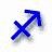 Blue Sagittarius zodiac symbol with arrow and cross, white outline on purple circular background featuring archer figure.