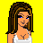 Pixelated character with brown hair and blue eyes in white crop top, blue shorts, black platform shoes on yellow background.