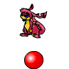 A pink and yellow dragon-like creature sits on a red sphere, with variations in pose and the sphere's presence across frames.
