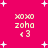 Pixelated pink background with white plus signs and four identical text blocks reading 'xoxo zoha <3' in light yellow.