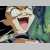 Pixelated image of a creature with light brown and white fur, open mouth showing pink tongue and dark interior, dark eyes, and greenish background.