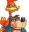 Pixel art animation of two cartoon characters: a brown bear with blue eyes and dark sunglasses, and an orange bird with green eyes and yellow beak.