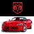 Two pixelated images: a red shield-shaped emblem with dark patterns on black background above, and a red vehicle-like shape with scattered colors on white background below.