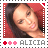 A pixelated portrait of a person with long dark hair against a red background, with the name 'ALICIA' below three pink and red stars.