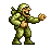 Pixelated soldier in green uniform with backpack, helmet, and boots, smiling broadly with mouth open, extending right hand forward in four sequential poses.