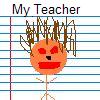Pixelated orange circular face with red eyes and mouth, brown messy hair, stick-figure body on lined notebook paper background with "My Teacher" text above.