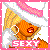 Pixel art contact sheet showing two frames of an animated icon featuring a cartoon cat with orange fur, pink bow, and "SEXY" text on a white background with gray transparency effects.