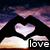 Pixelated heart-shaped icon with gradient purple and white colors, set against a dark background with pinkish-purple clouds above and light-colored shapes below.
