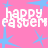 Pixelated pink background with blue starbursts and repeated white text 'happy eastern' in a blocky font.