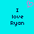 Pixelated cyan background with dark blue text reading "I love Ryan" on both sides and a pink pixel-art heart above the left side.