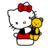 Pixelated icon of a white cat-like character with red bow holding yellow teddy bear in black-and-red outfit.