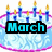 Pixelated birthday cake with blue candles and pink trim, displaying 'March 20th' in cyan text on black blocks.